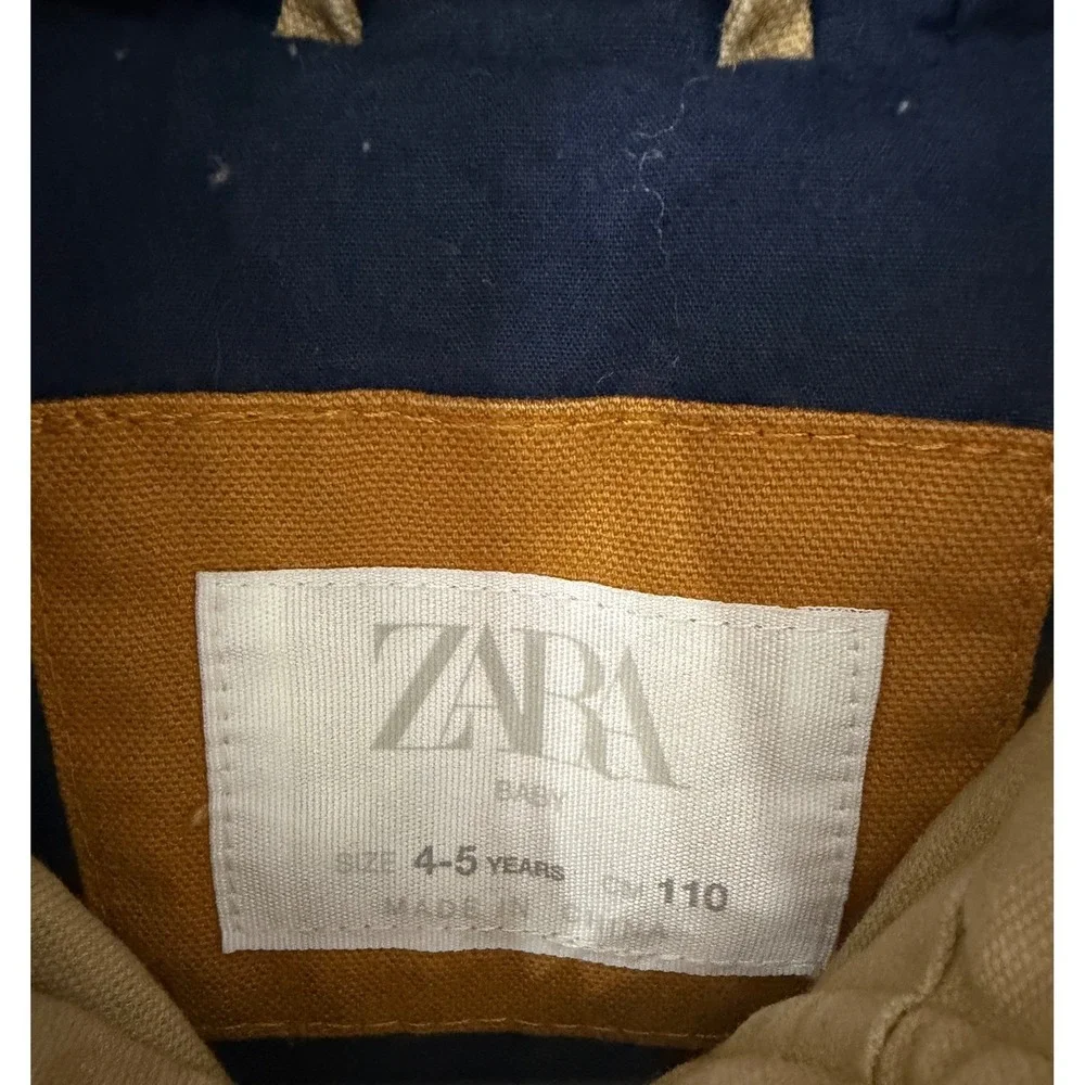 Zara Boys Tan Canvas Hooded Utility Jacket Size 4-5 Years Embroidered Back